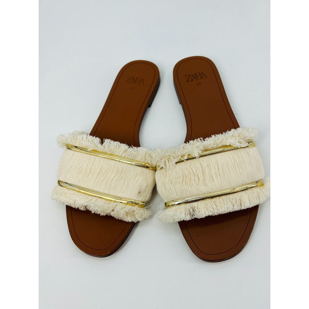 Zara Women's Cream Flat Sandal With Fringe Size 6.5 - 7 EU37 Vacation Resortwear - Picture 3 of 5